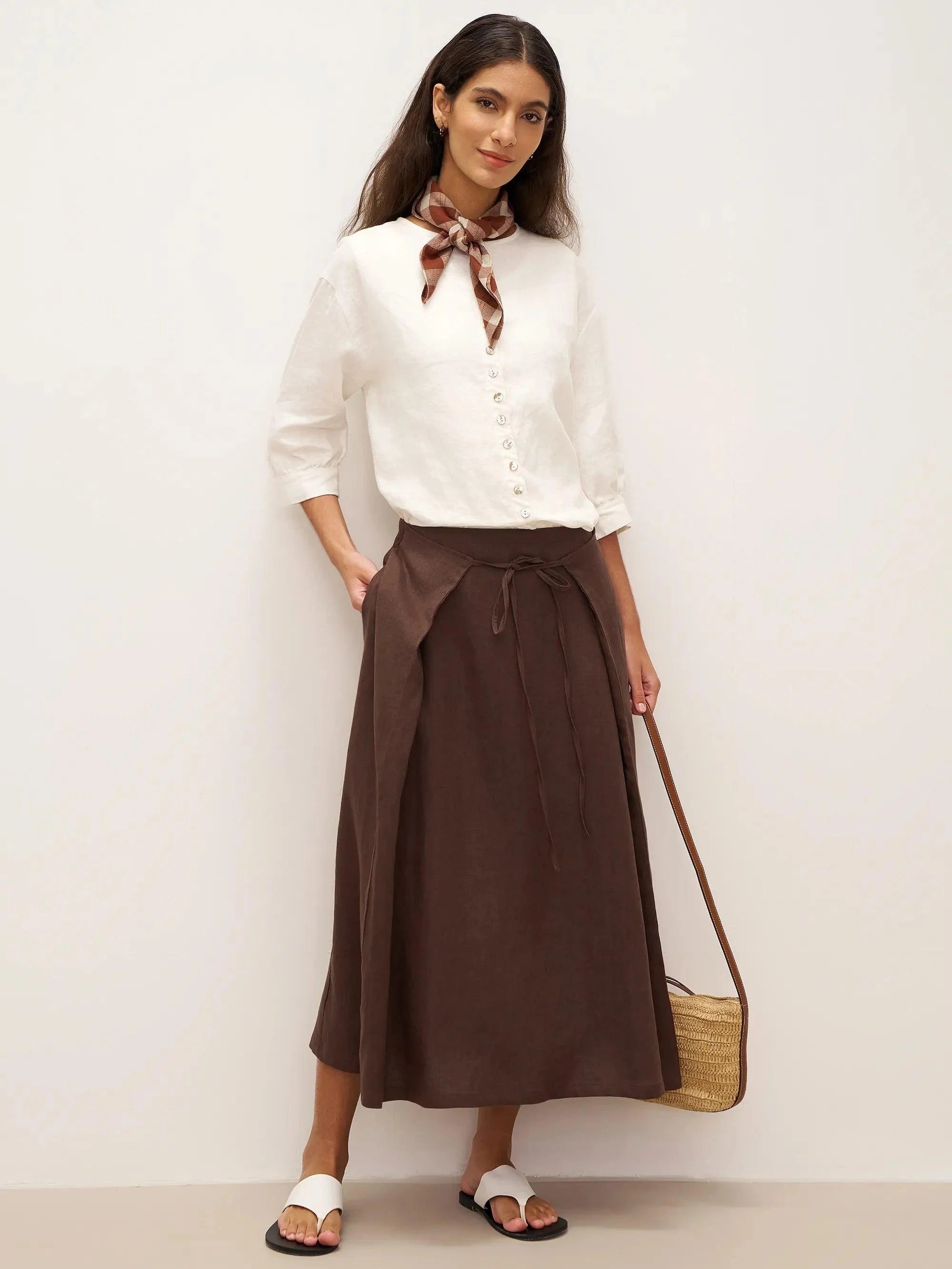 100% Linen Tie-Waist Wrapped A-Line Skirt EMILIE—Two-Way Wear - BOTTOMS-Linen Skirts