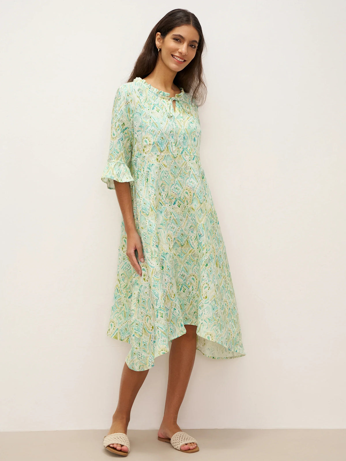 100% Linen A-Line Ruffled Collar Tie-Neck Midi Dress LIVIA - DRESSES-Linen