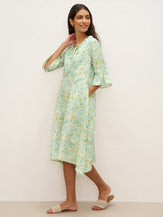100% Linen A-Line Ruffled Collar Tie-Neck Midi Dress LIVIA - DRESSES-Linen