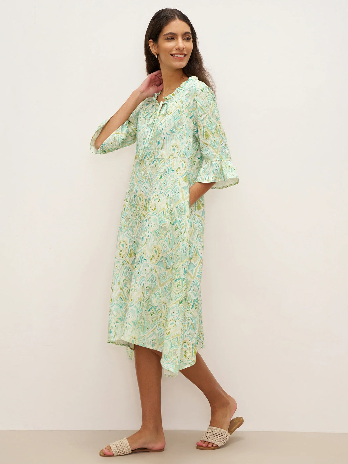 100% Linen A-Line Ruffled Collar Tie-Neck Midi Dress LIVIA - DRESSES-Linen
