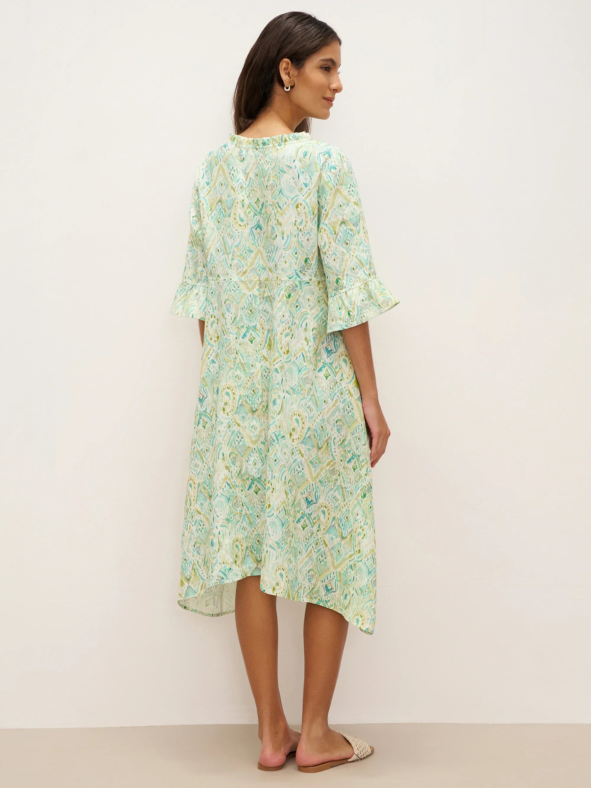 100% Linen A-Line Ruffled Collar Tie-Neck Midi Dress LIVIA - DRESSES-Linen