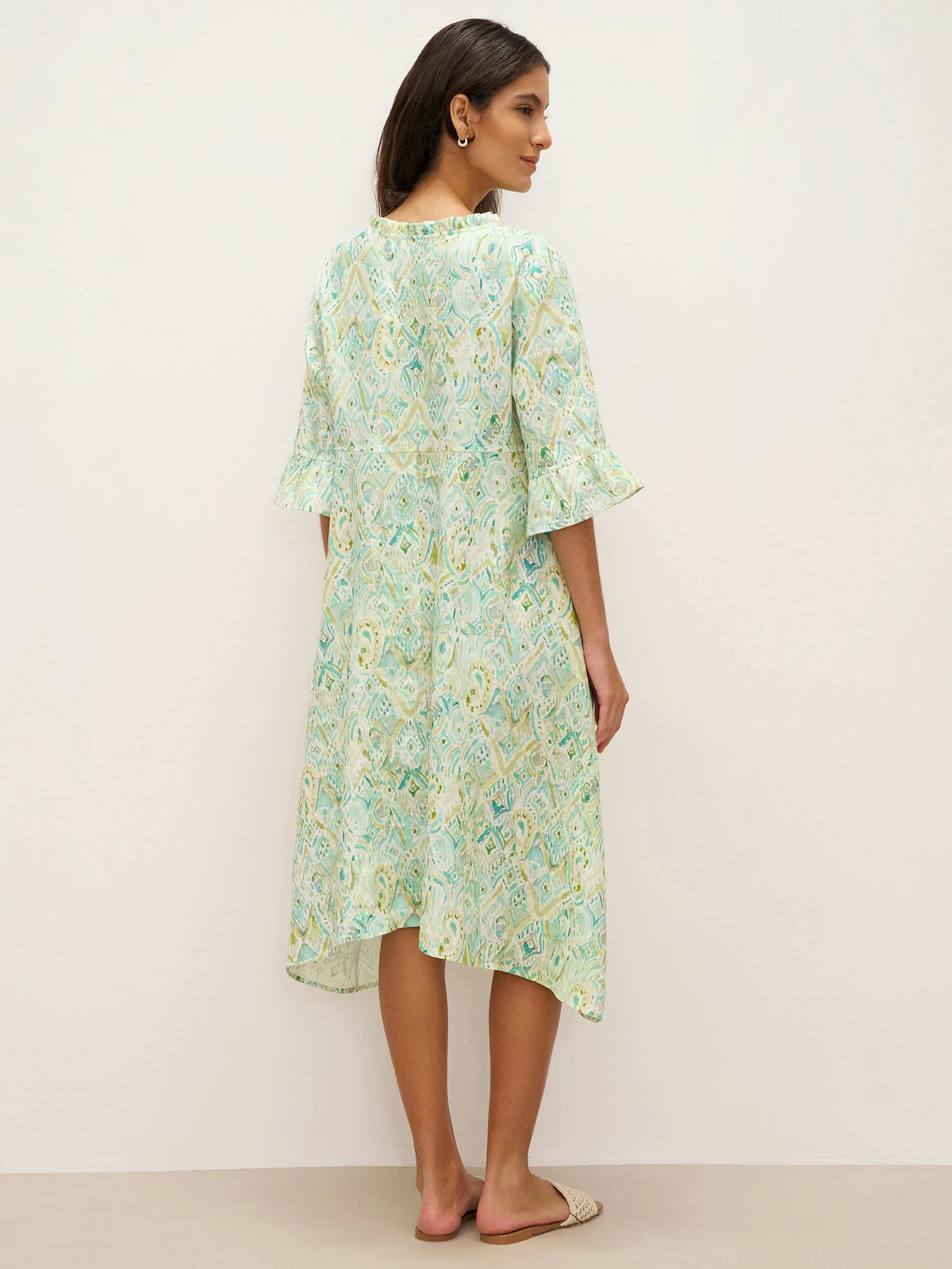 100% Linen A-Line Ruffled Collar Tie-Neck Midi Dress LIVIA - DRESSES-Linen