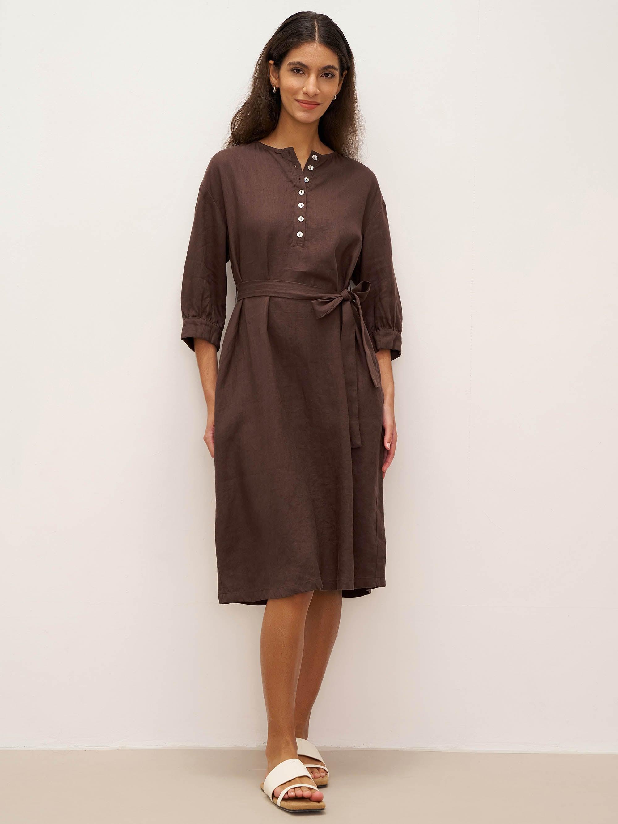 100% Linen Button Detail Midi Dress with Detachable Belt EIRA - Chicory Coffee / S - DRESSES-Linen