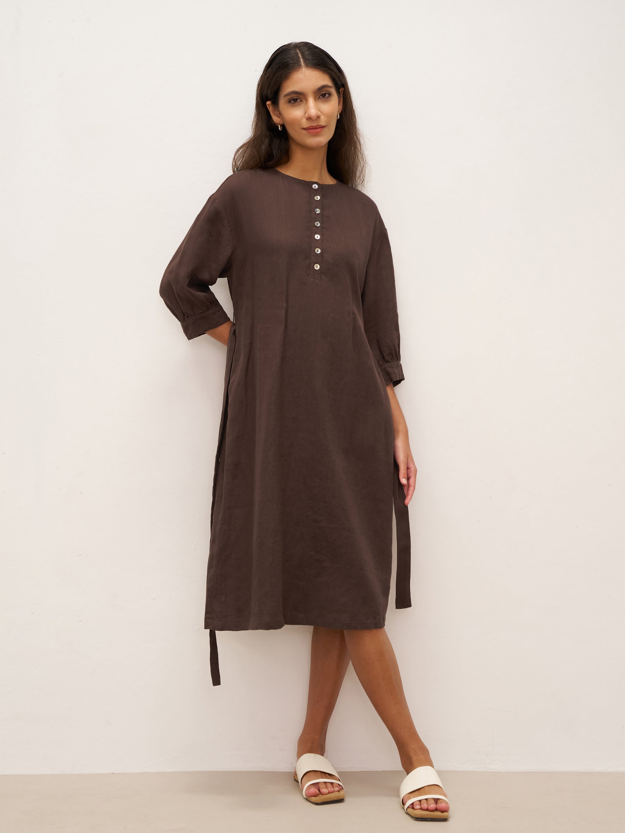 100% Linen Button Detail Midi Dress with Detachable Belt EIRA - DRESSES-Linen