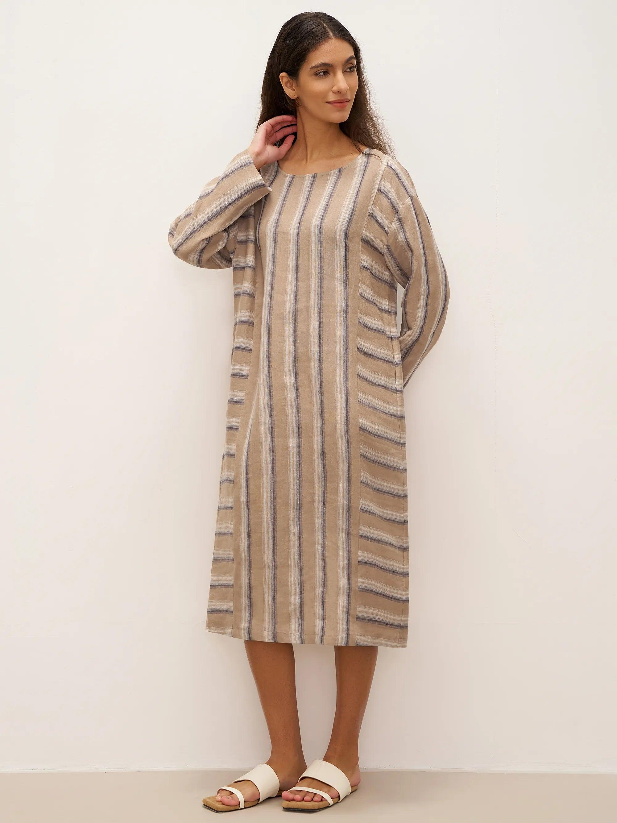 100% Linen Striped Crossweave Midi Dress ELSPETH - DRESSES-Linen