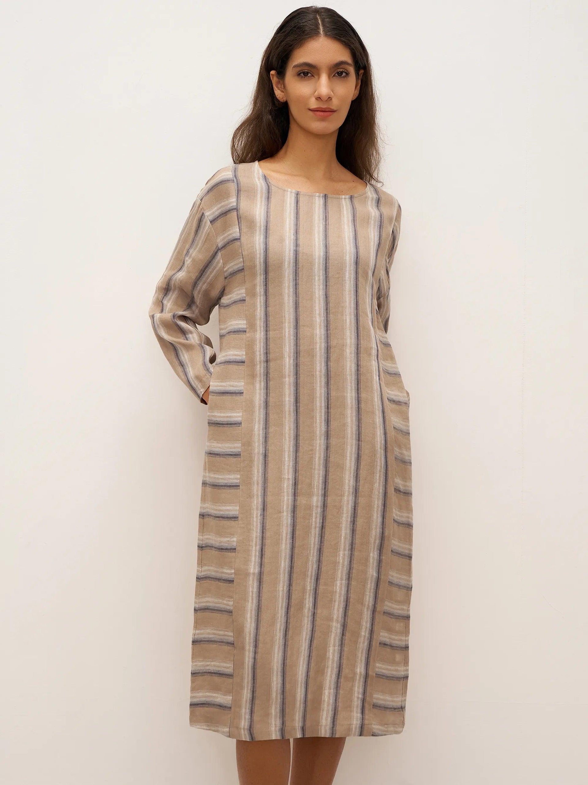 100% Linen Striped Crossweave Midi Dress Elspeth, Brownie Stripe / XXL