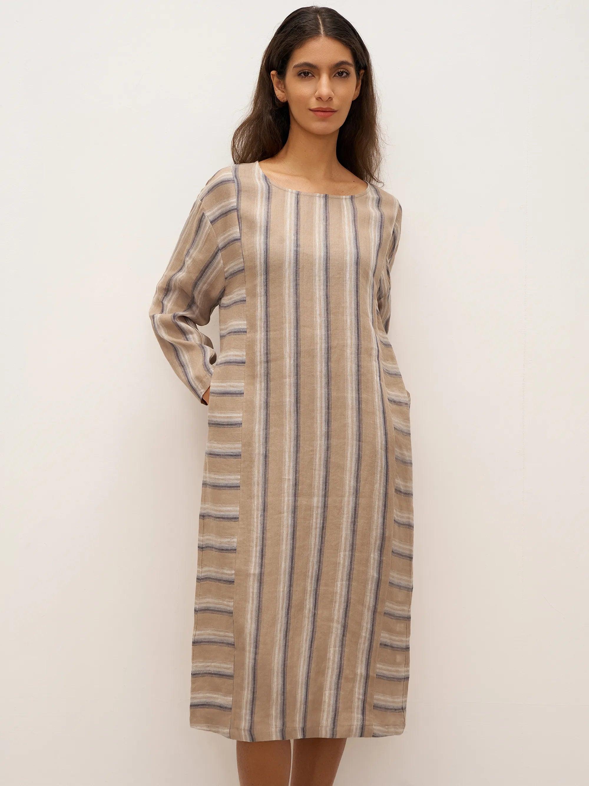 100% Linen Striped Crossweave Midi Dress ELSPETH - Brownie Stripe / S - DRESSES-Linen