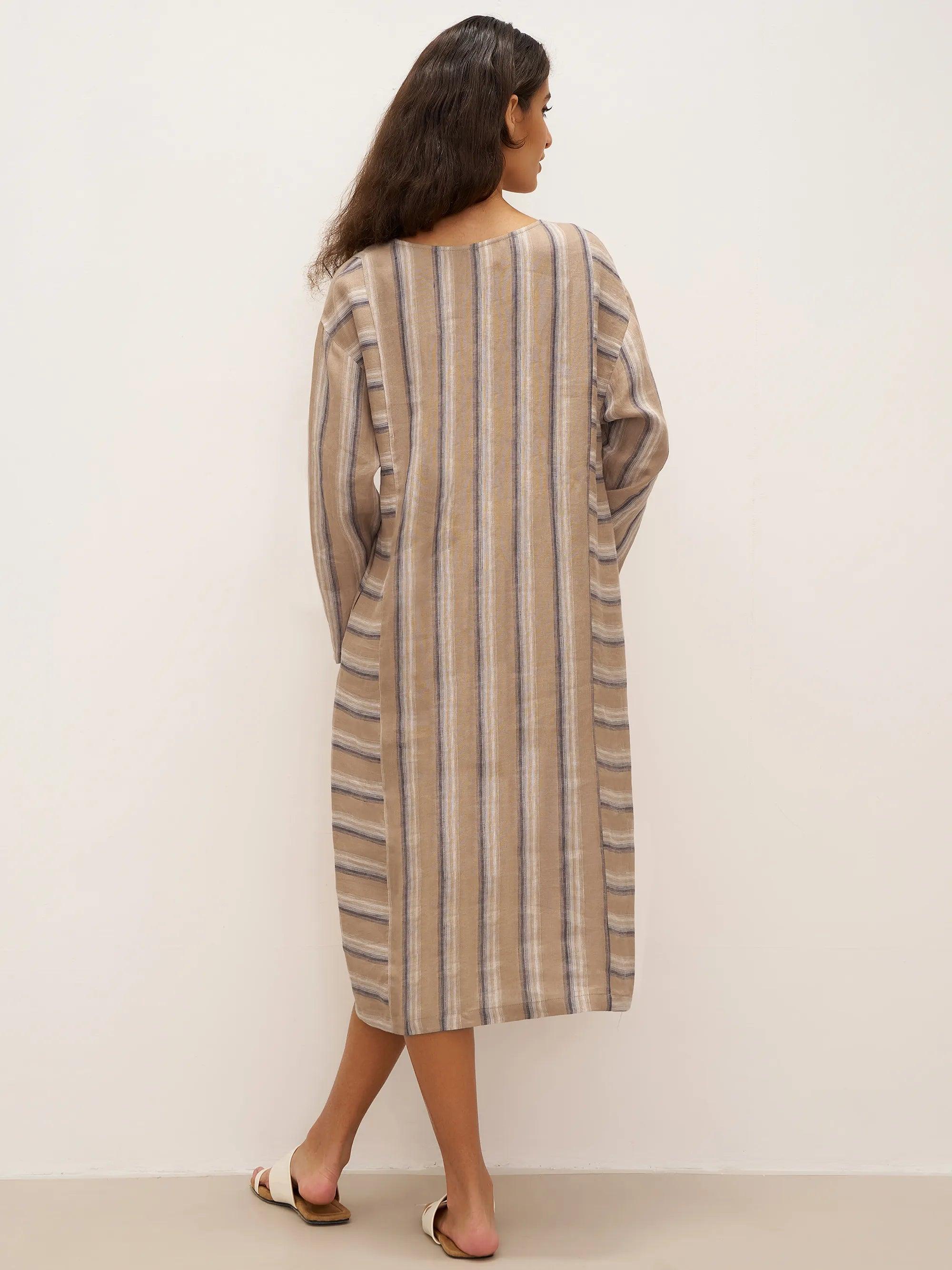 100% Linen Striped Crossweave Midi Dress ELSPETH - DRESSES-Linen