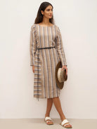 100% Linen Striped Crossweave Midi Dress ELSPETH - DRESSES-Linen