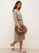 100% Linen Striped Crossweave Midi Dress ELSPETH - DRESSES-Linen