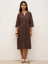 100% Linen Bell Pocket Midi Dress EVELINA - Chicory Coffee / S - DRESSES-Linen