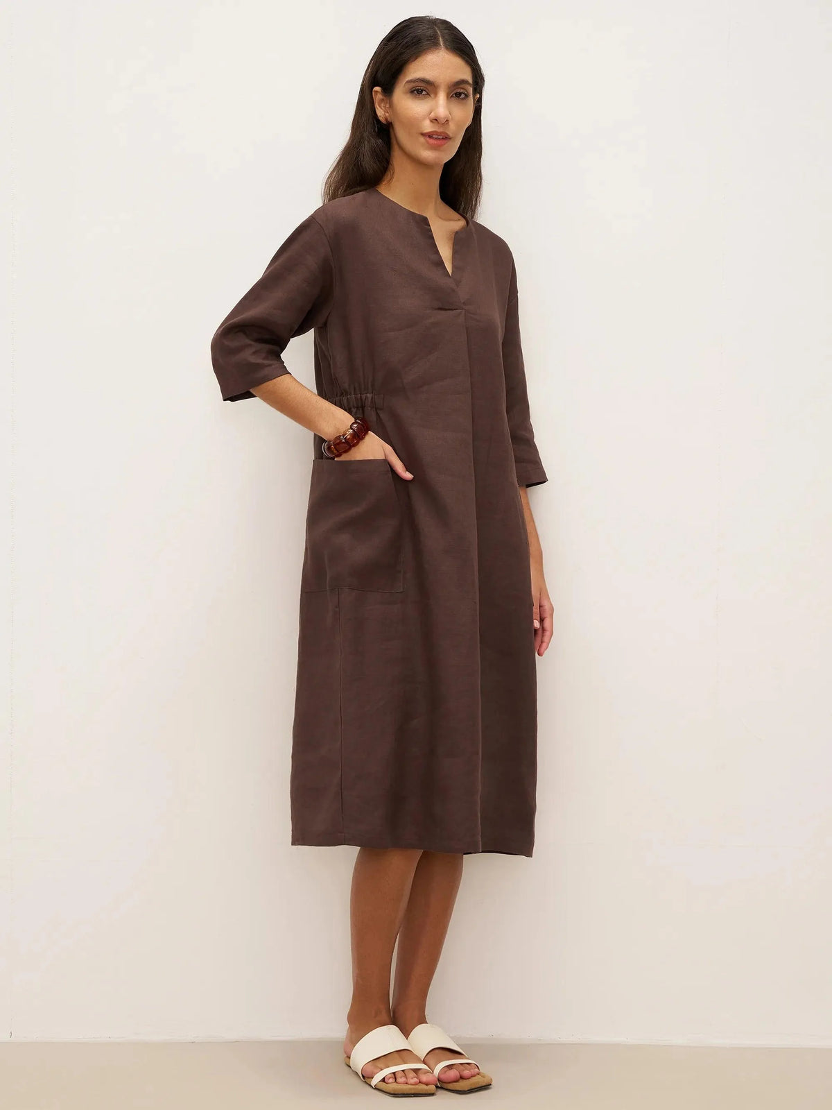 100% Linen Bell Pocket Midi Dress EVELINA - DRESSES-Linen