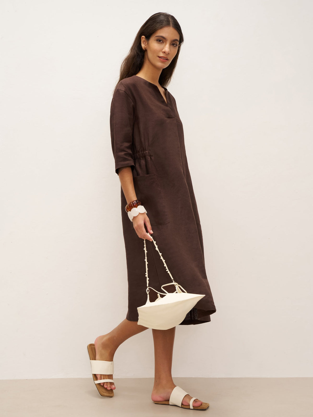 100% Linen Bell Pocket Midi Dress EVELINA - DRESSES-Linen