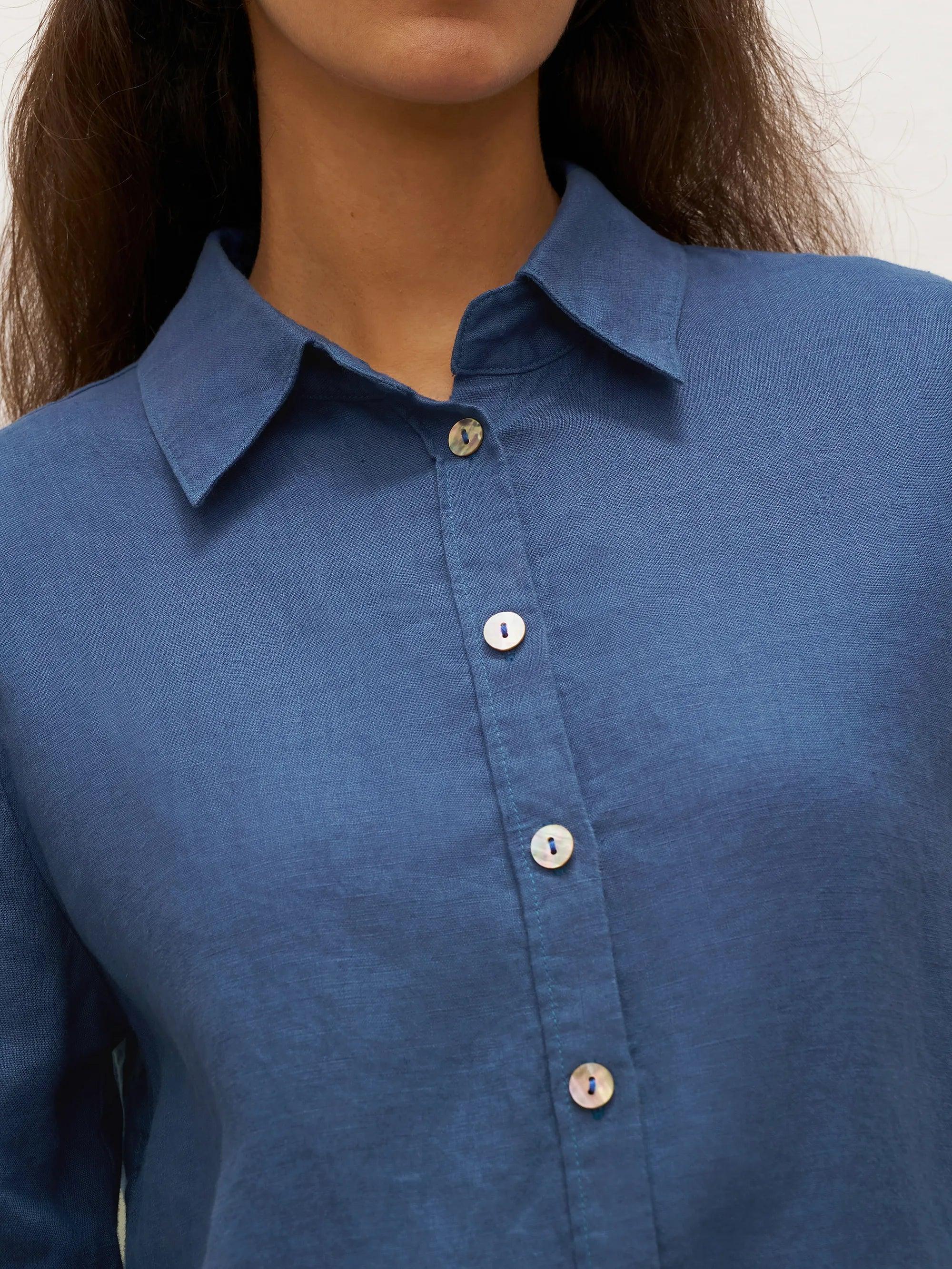 100% Linen Button-Front Shirt with Extended Hem JOVAN - TOPS-Linen Button Down Shirts