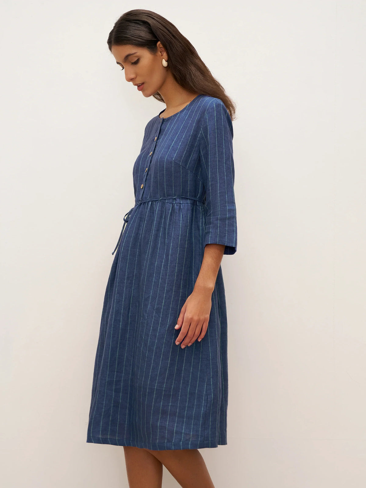 100% Linen Striped A-Line Midi Dress with Belt JULIET - DRESSES-Linen