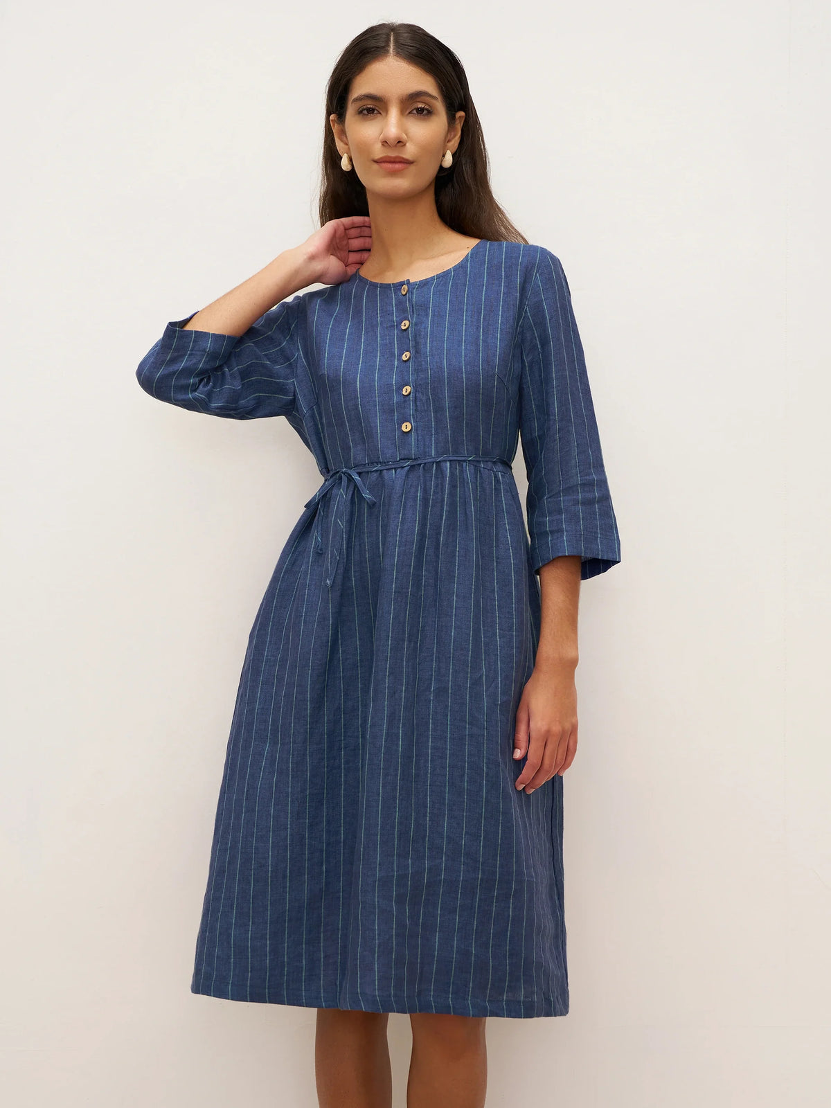 100% Linen Striped A-Line Midi Dress with Belt JULIET - DRESSES-Linen