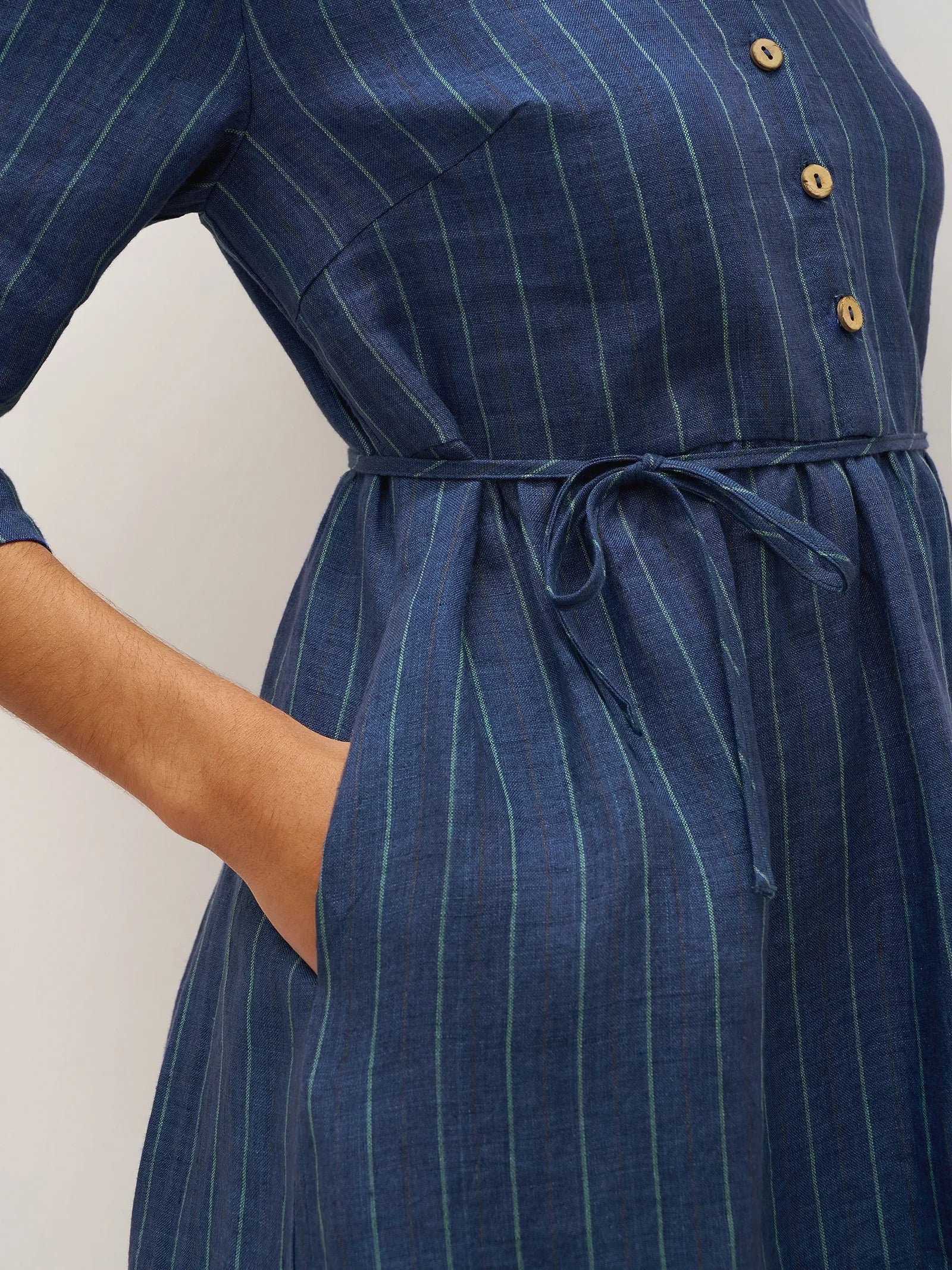 100% Linen Striped A-Line Midi Dress with Belt JULIET - DRESSES-Linen