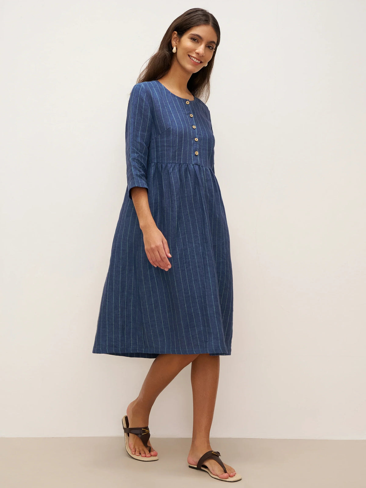 100% Linen Striped A-Line Midi Dress with Belt JULIET - DRESSES-Linen