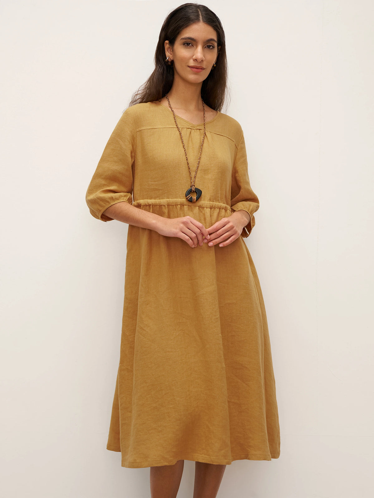 Robe midi femme DIXIE trapèze à taille coulissée en 100% lin de LINTICO