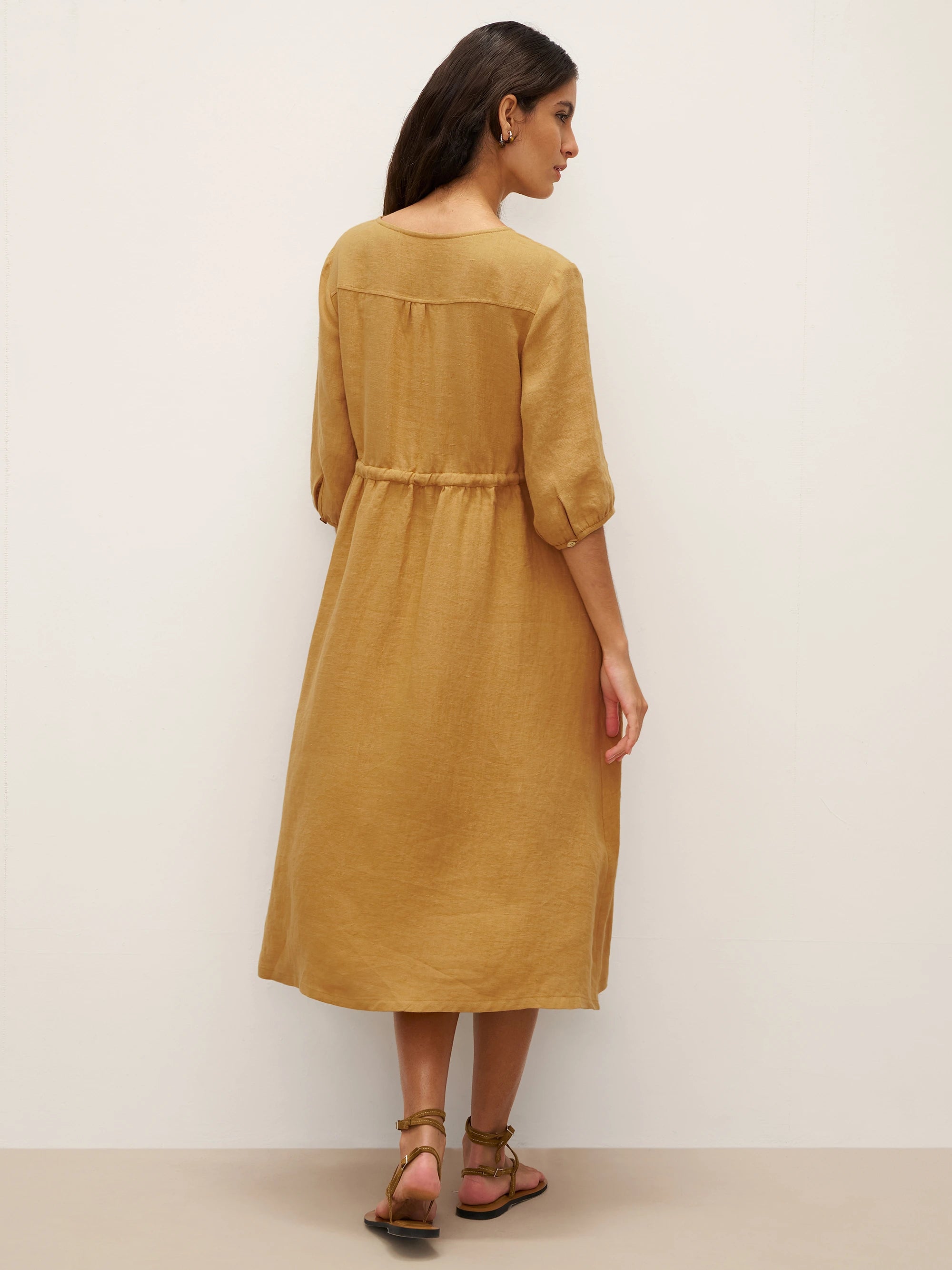 100% Linen A-Line Drawstring Waist Midi Dress DIXIE LINTICO 100% Linen A-Line Drawstring Waist Midi Dress DIXIE LINTICO