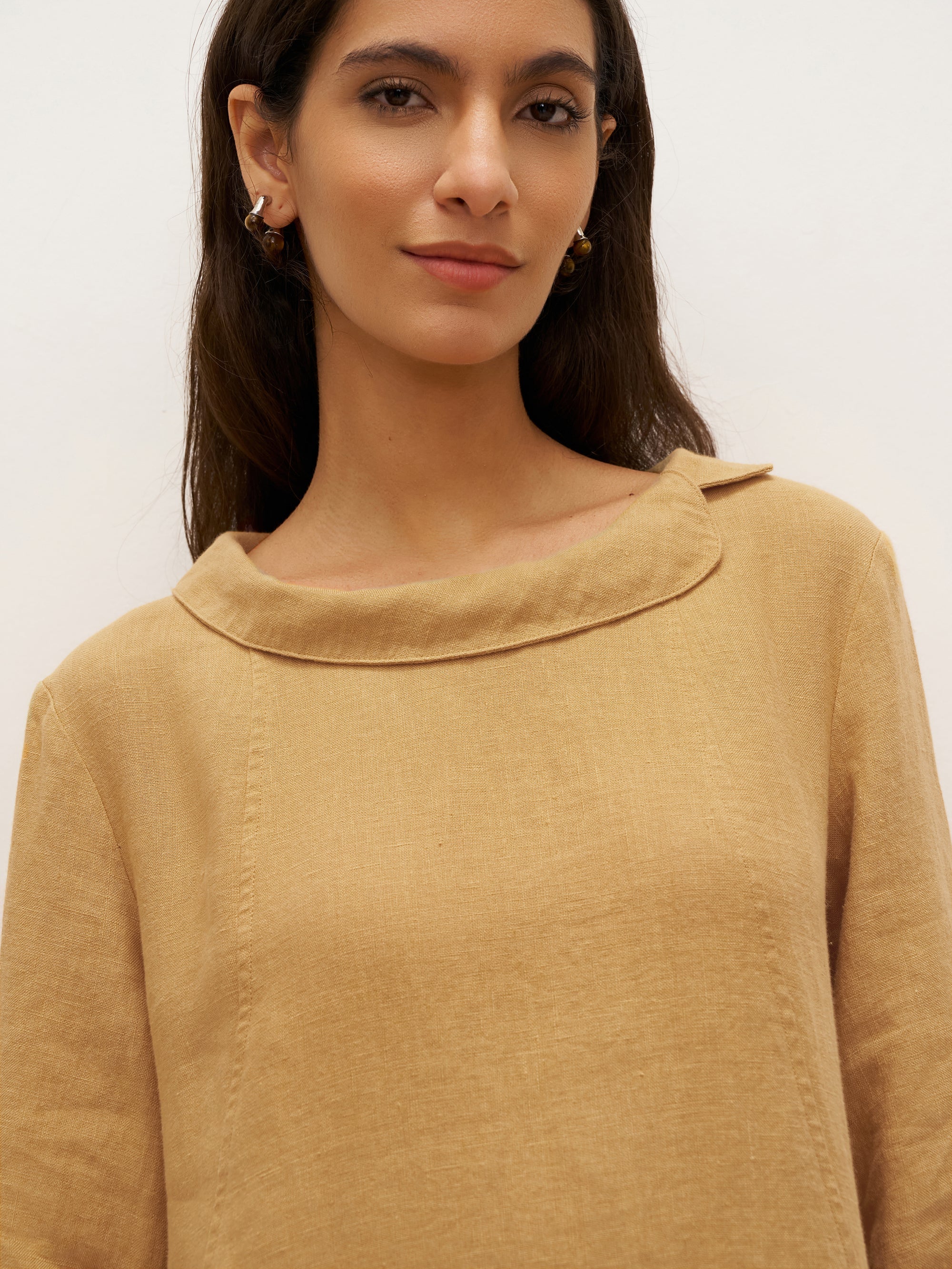 100% Linen Round Soft-Fold Collar Midi Dress DORALEE - DRESSES-Linen