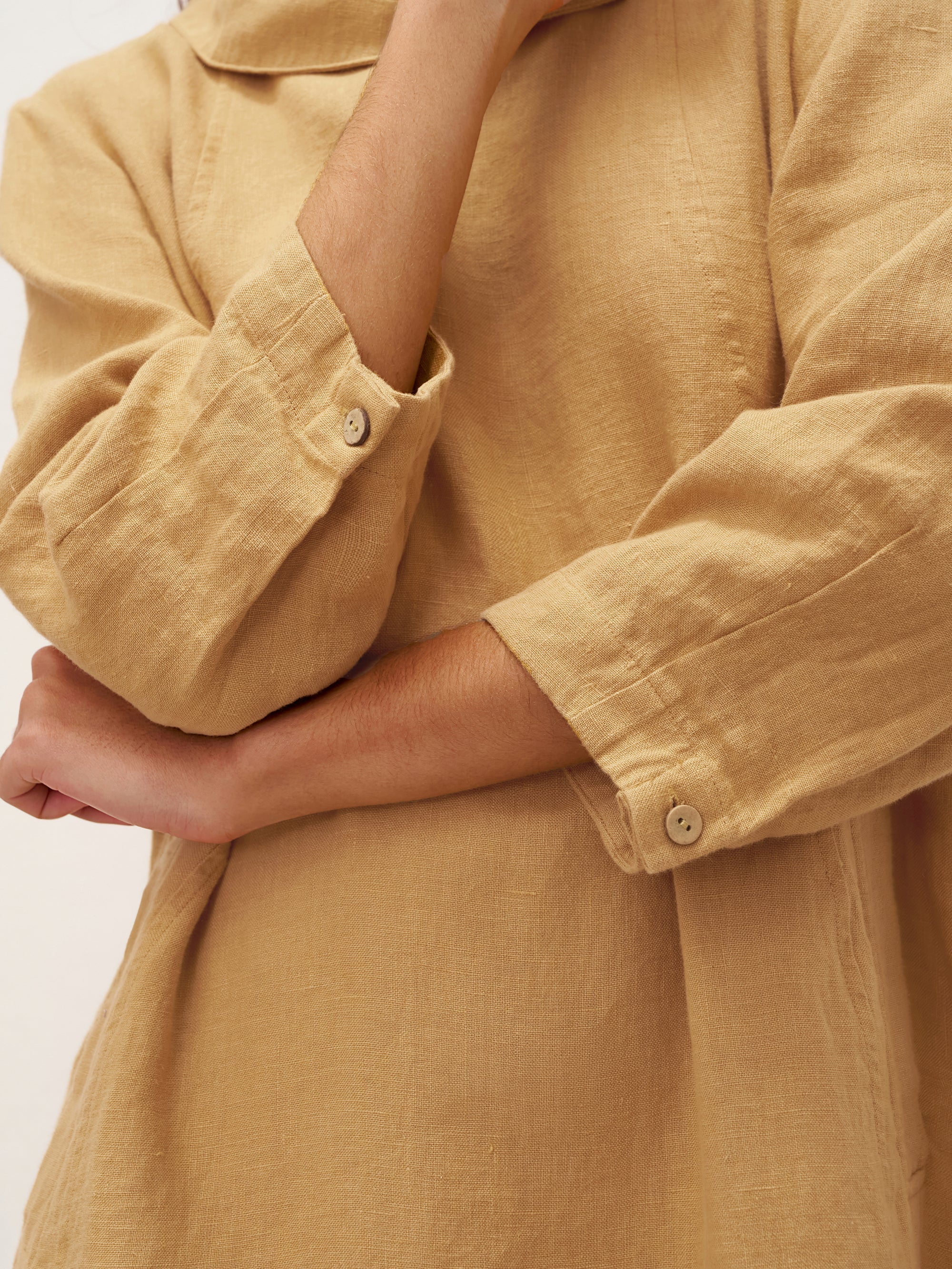 100% Linen Round Soft-Fold Collar Midi Dress DORALEE - DRESSES-Linen