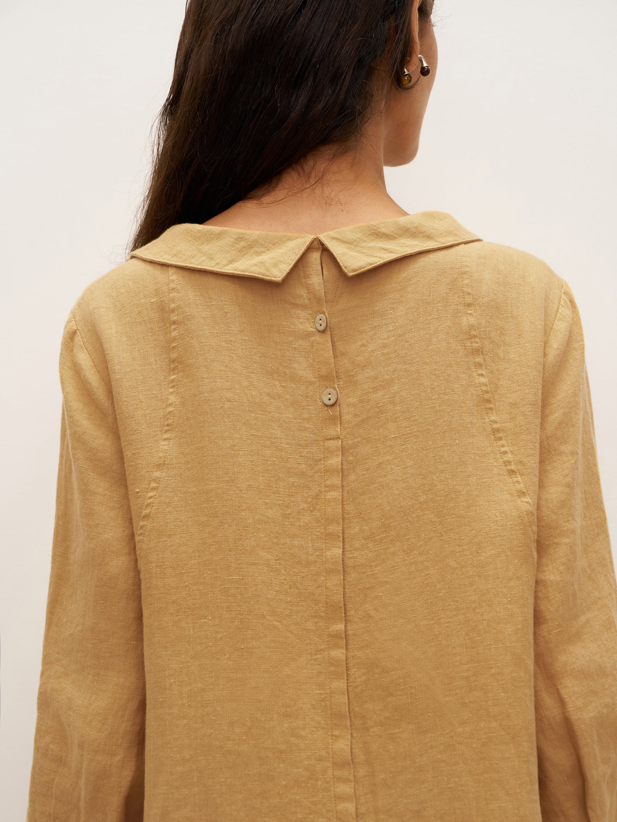 100% Linen Round Soft-Fold Collar Midi Dress DORALEE - DRESSES-Linen