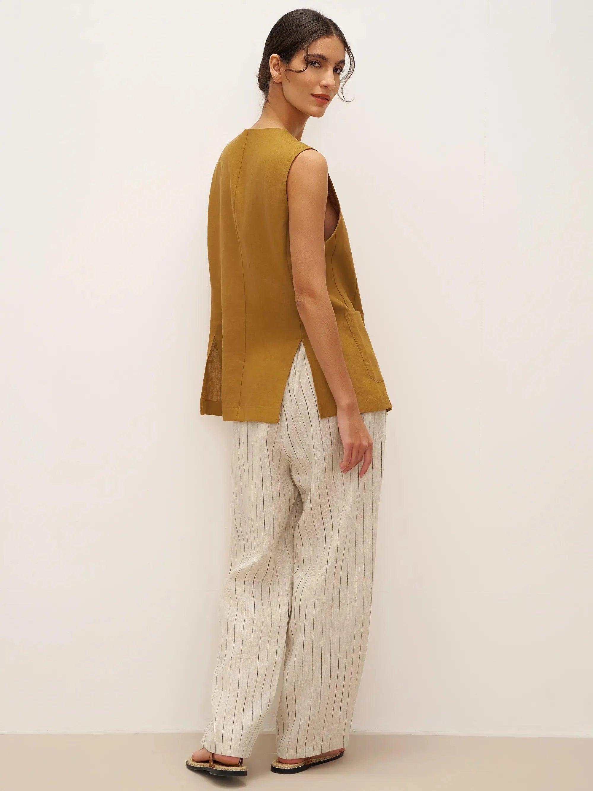 100% Linen Arc-Placket Button-Front Vest ELFRIDA - TOPS-Linen Tanks