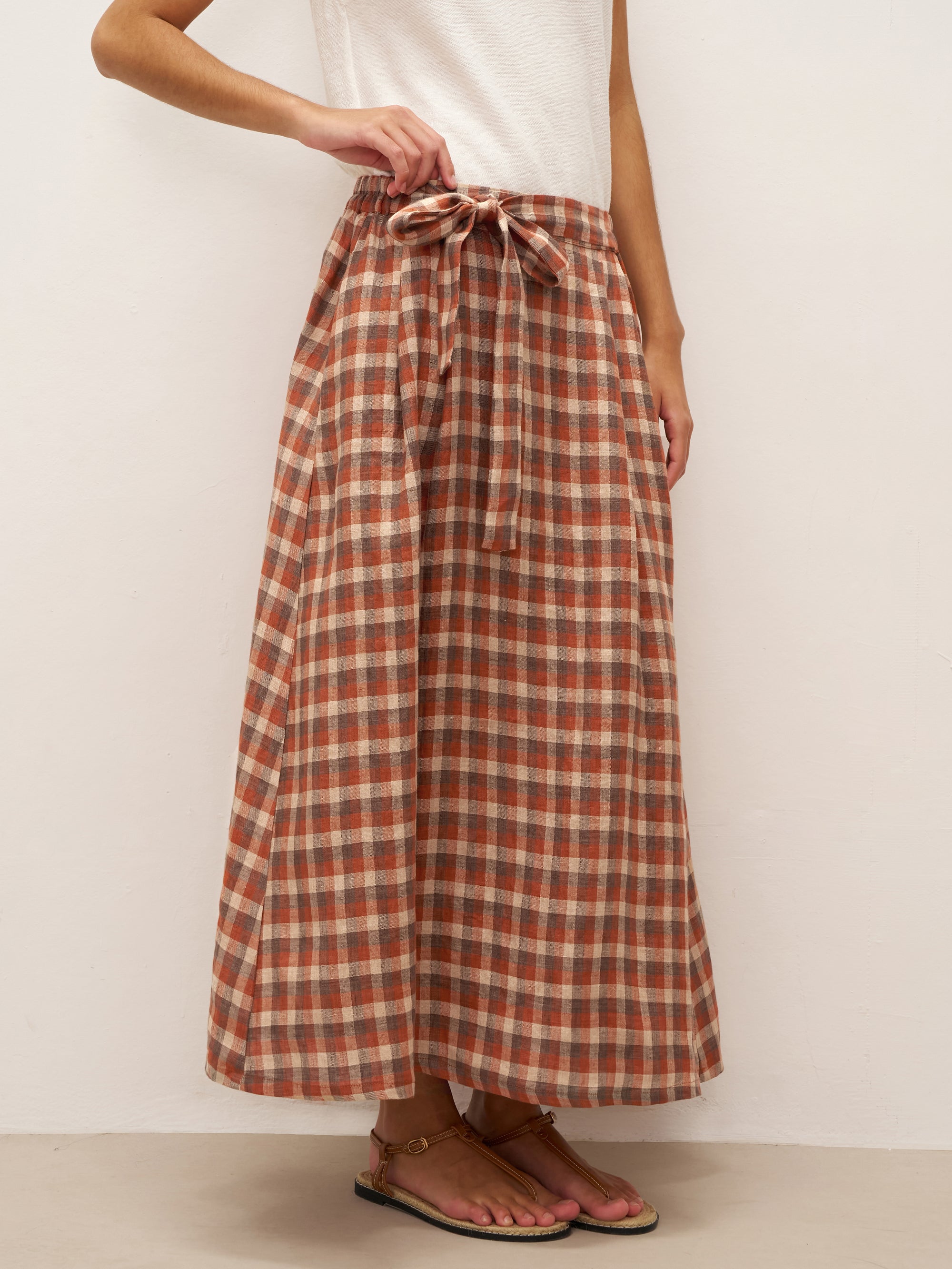 100% Linen A-Line Tie-Waist Checked Skirt DANIELE - Rustic Check / S - BOTTOMS-Linen Skirts