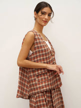 100% Linen V-Neck Checked Oversized Vest DORIS - TOPS-Linen Vests