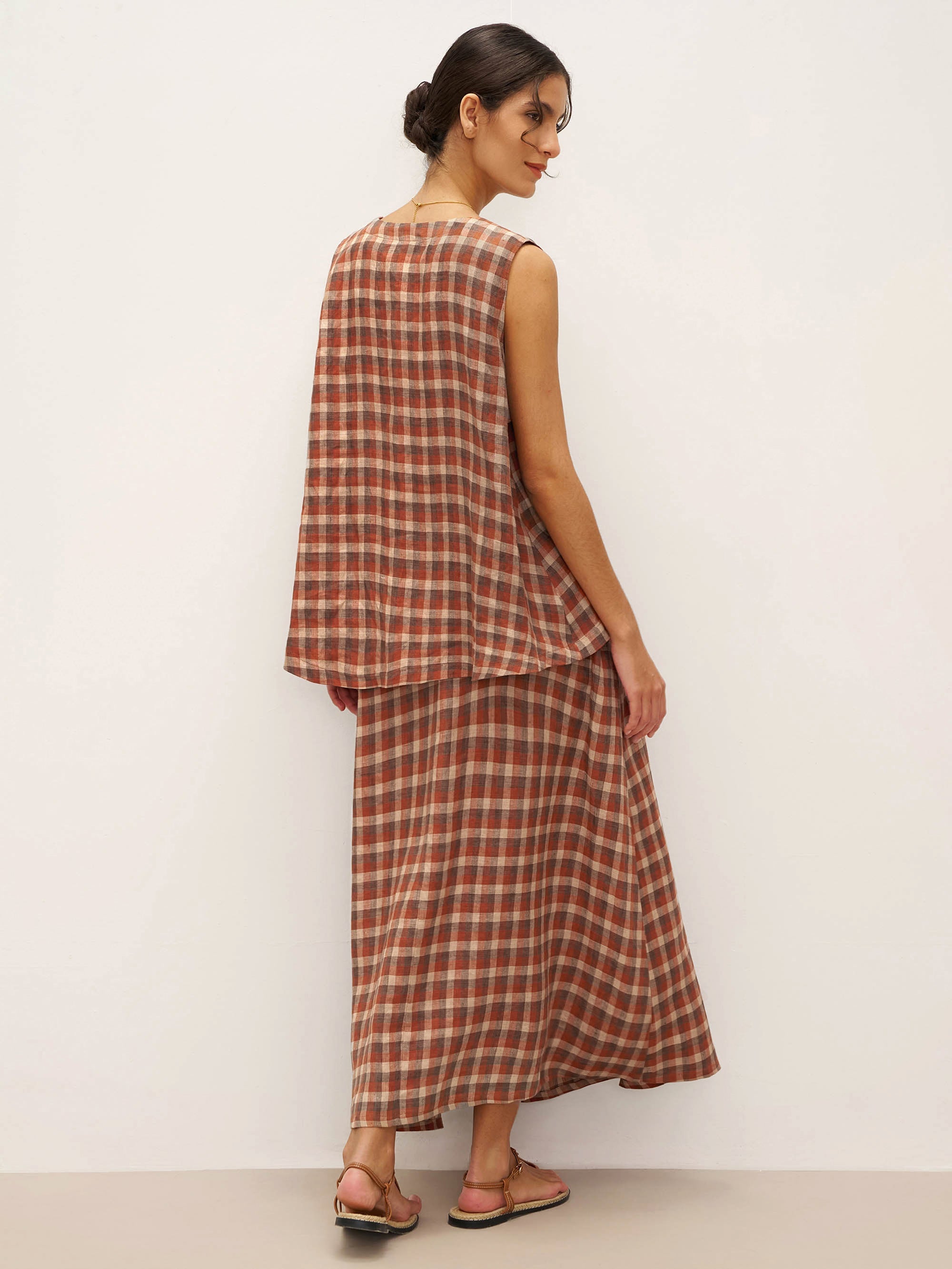 100% Linen V-Neck Checked Oversized Vest DORIS - TOPS-Linen Vests