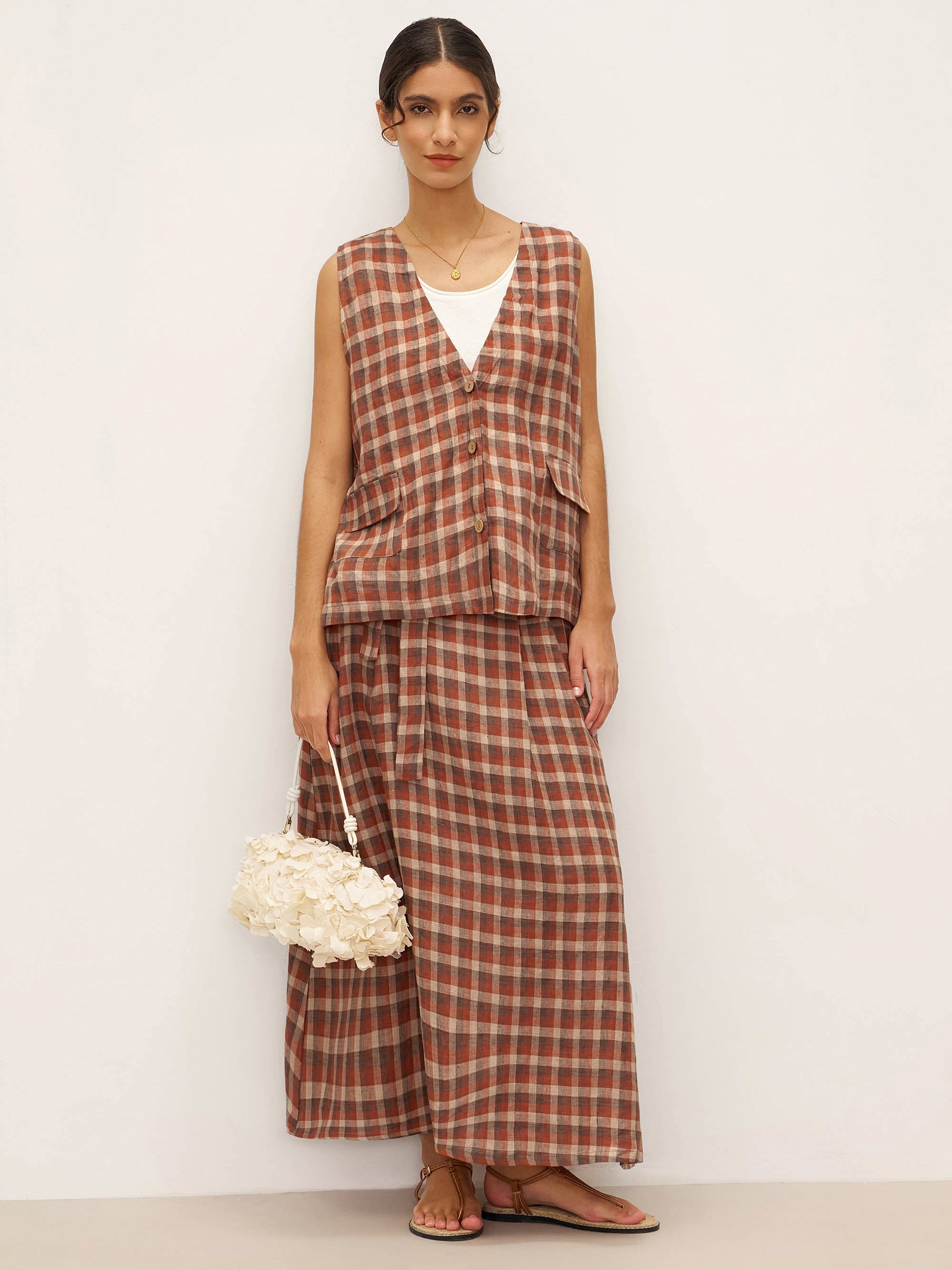 100% Linen V-Neck Checked Oversized Vest DORIS - TOPS-Linen Vests