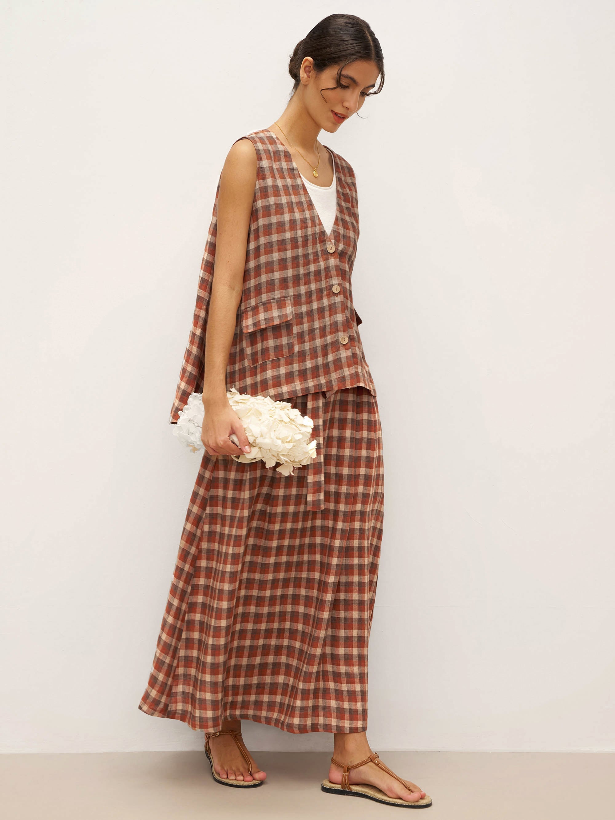 100% Linen V-Neck Checked Oversized Vest DORIS - TOPS-Linen Vests