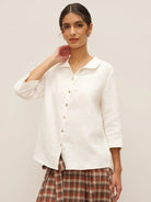 100% Linen Peter Pan Collar 3/4 Sleeve Shirt ASTRID - TOPS-Linen Button Down Shirts