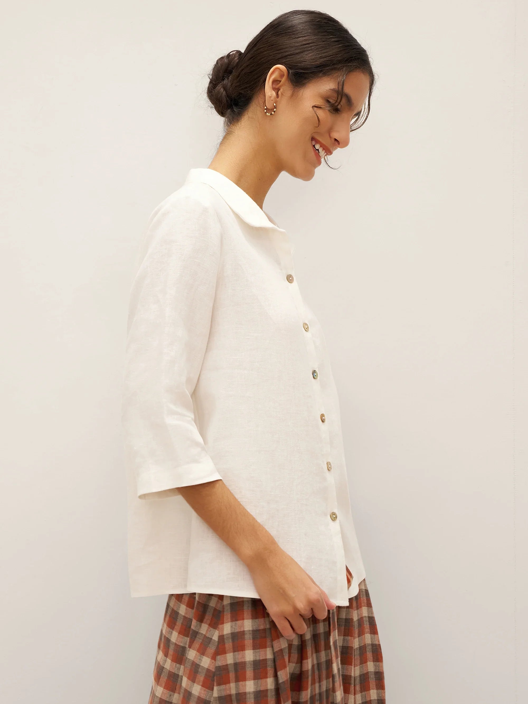 100% Linen Peter Pan Collar 3/4 Sleeve Shirt ASTRID - TOPS-Linen Button Down Shirts