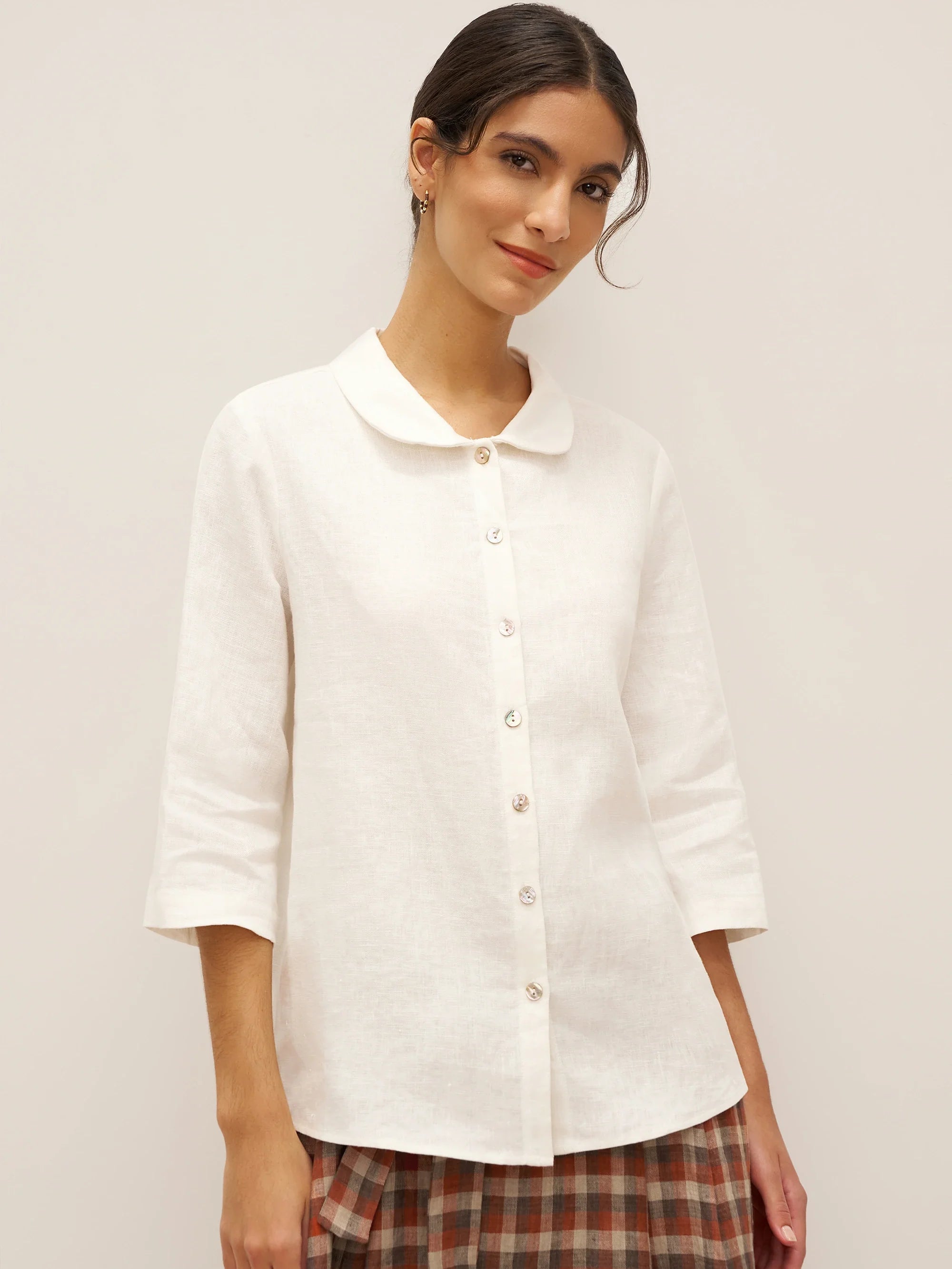 100% Linen Peter Pan Collar 3/4 Sleeve Shirt ASTRID - Optic White / XS - TOPS-Linen Button Down Shirts