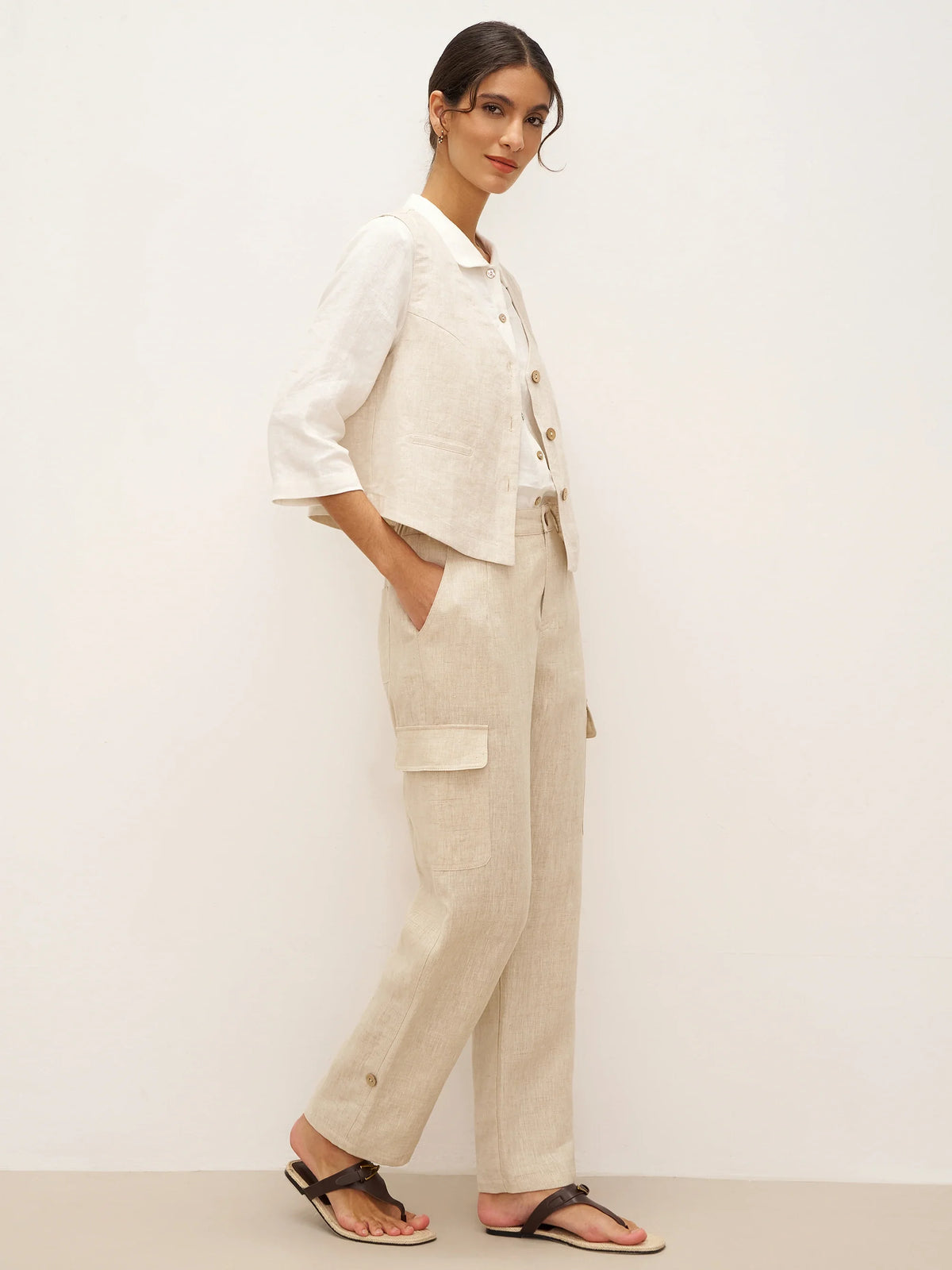 100% Linen Cargo Tapered Trousers with Patch Pockets JESSE - BOTTOMS-Linen Pants