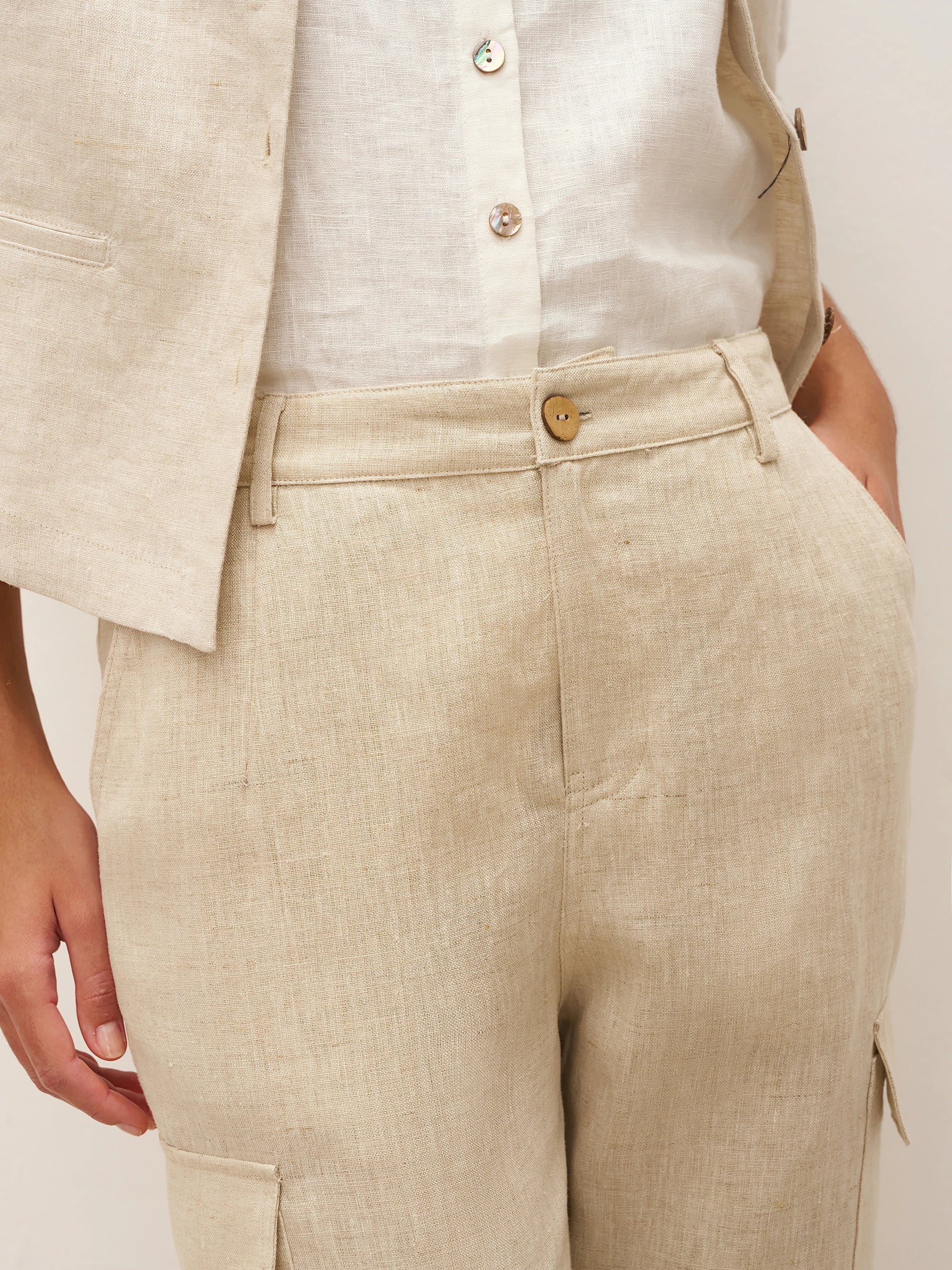 100% Linen Cargo Tapered Trousers with Patch Pockets JESSE - BOTTOMS-Linen Pants