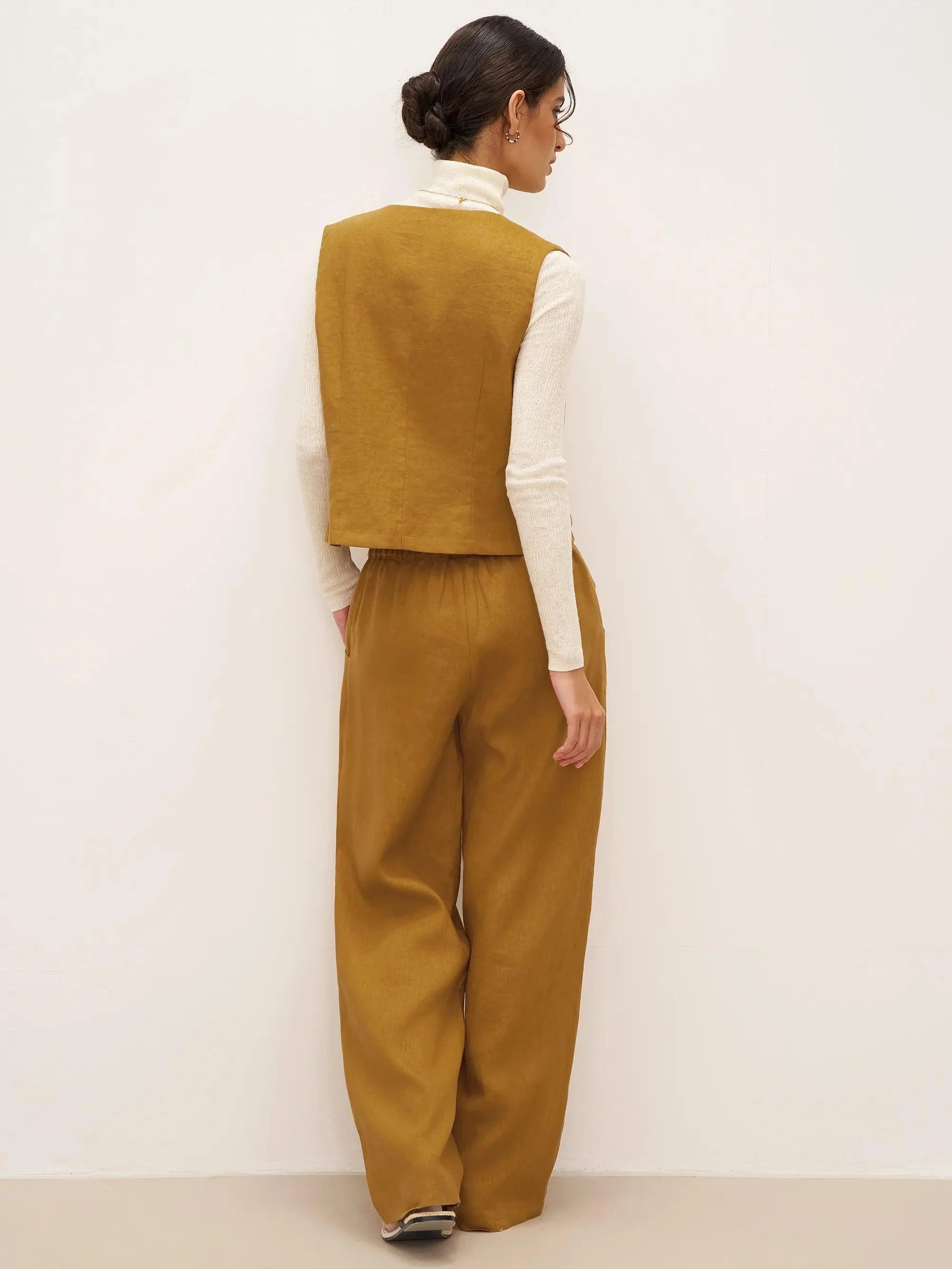 100% Linen Banana Cut Pants with Pockets EDELINE - BOTTOMS-Linen