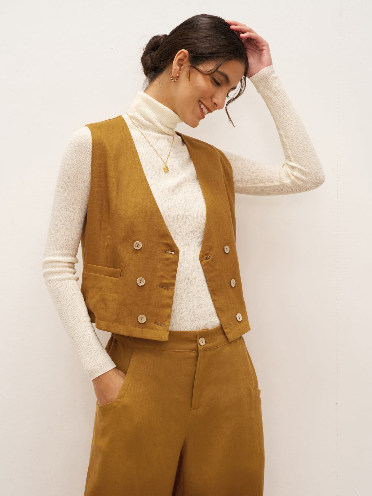 100% Linen Double-Breasted Vest ESTELLA - TOPS-Linen Tanks
