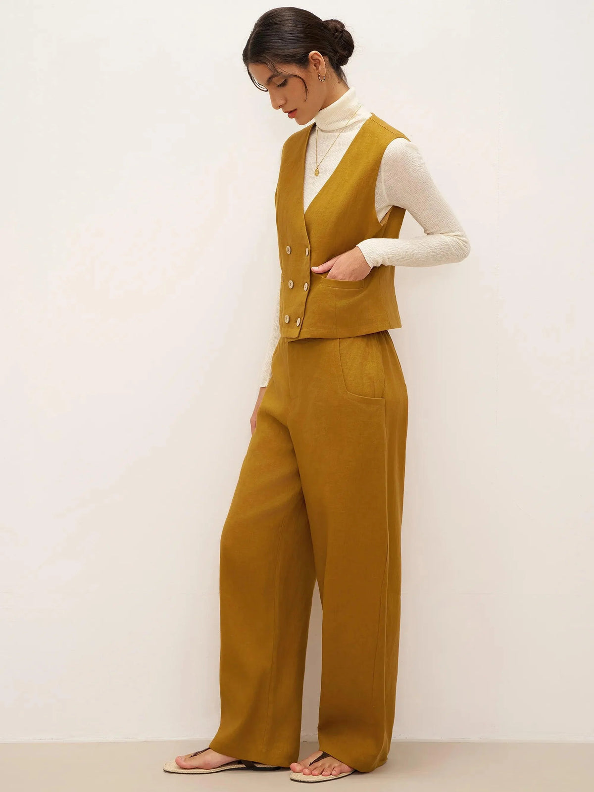 100% Linen Double-Breasted Vest ESTELLA - TOPS-Linen Tanks