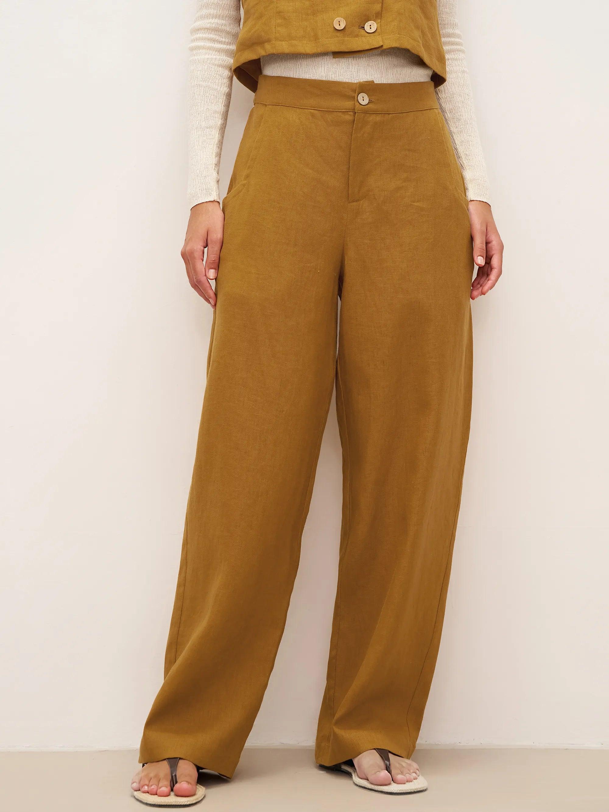 100% Linen Banana Cut Pants with Pockets EDELINE - Ochre / S - BOTTOMS-Linen