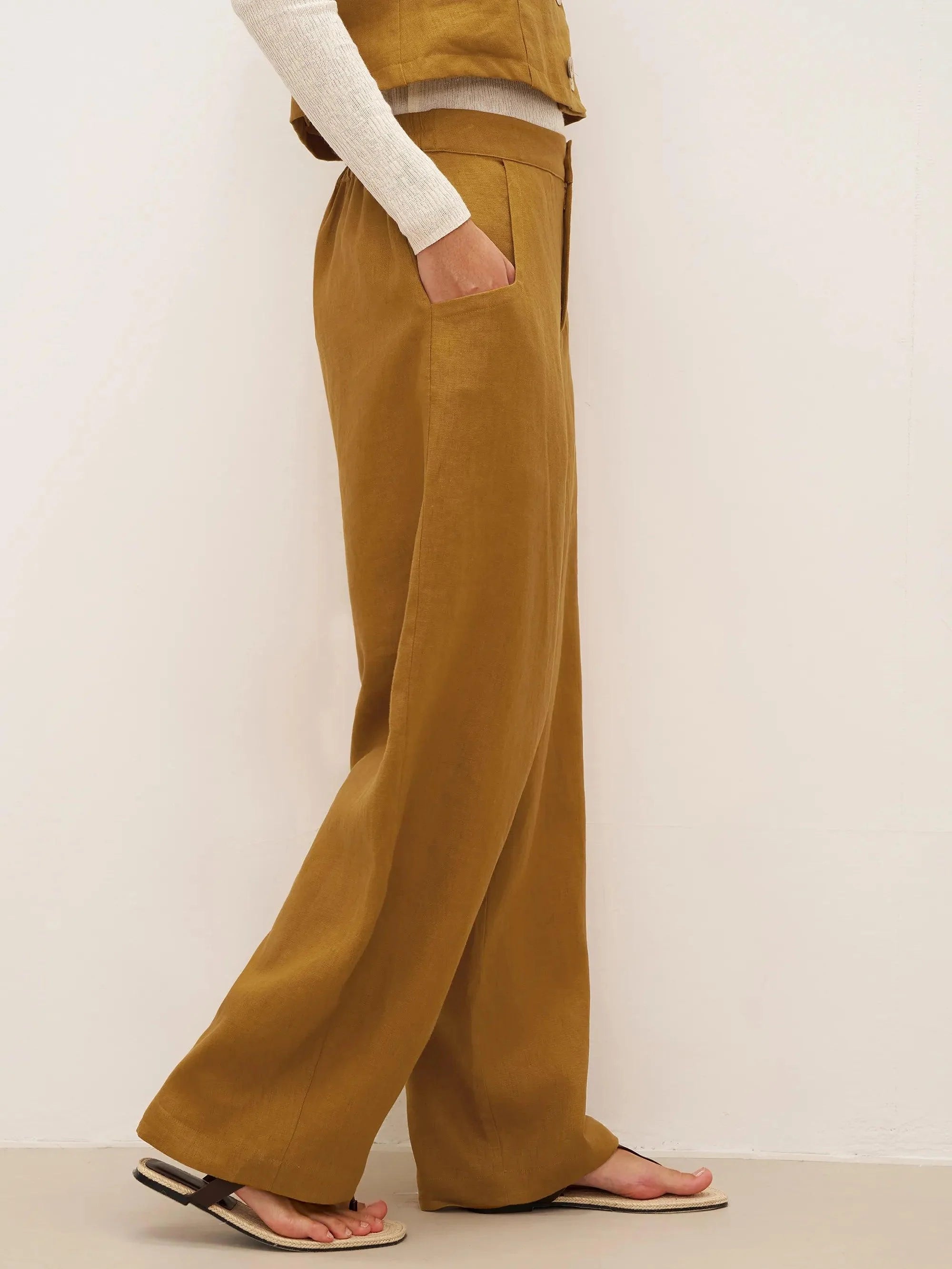 100% Linen Banana Cut Pants with Pockets EDELINE - BOTTOMS-Linen