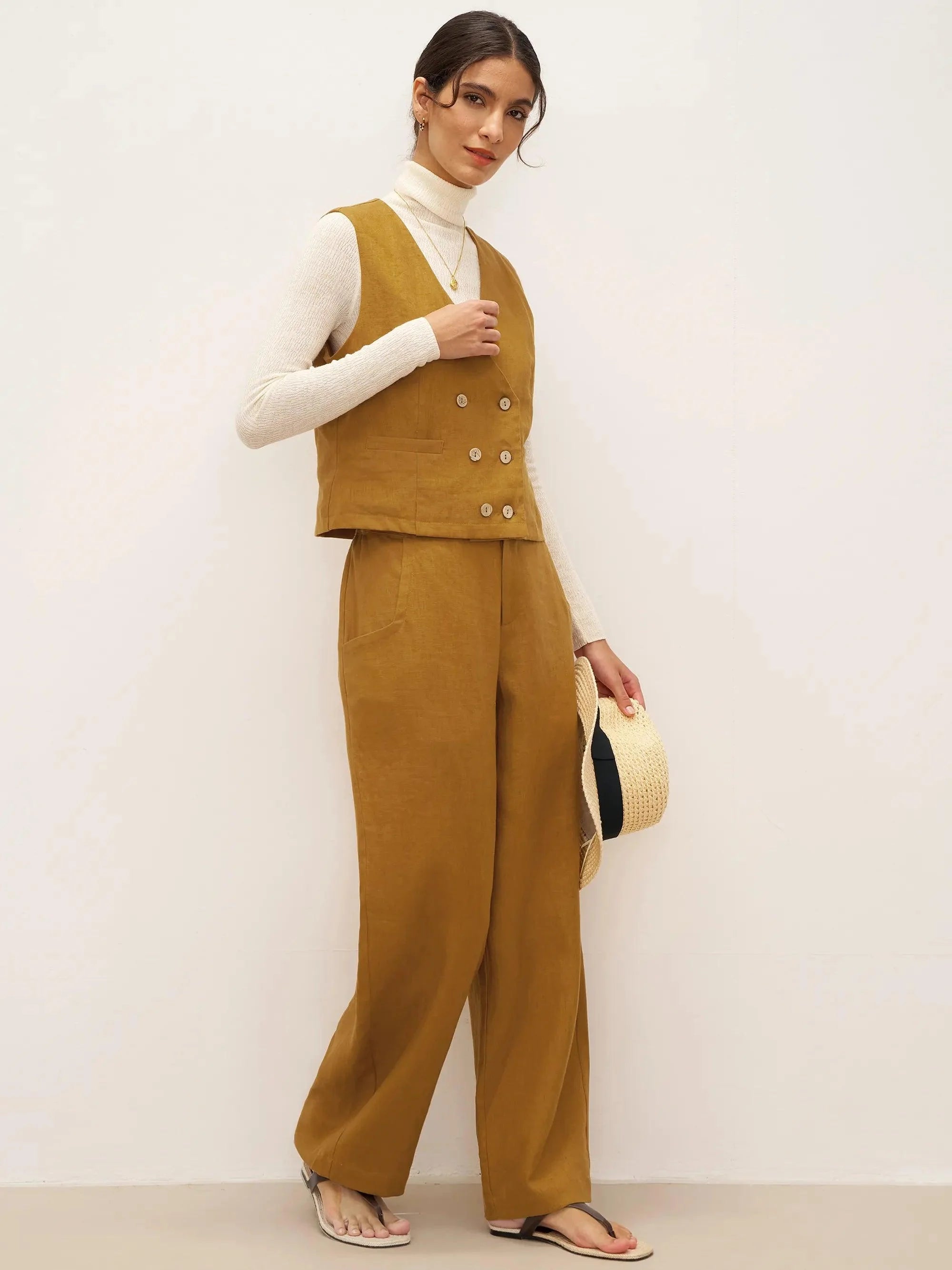 100% Linen Banana Cut Pants with Pockets EDELINE - BOTTOMS-Linen