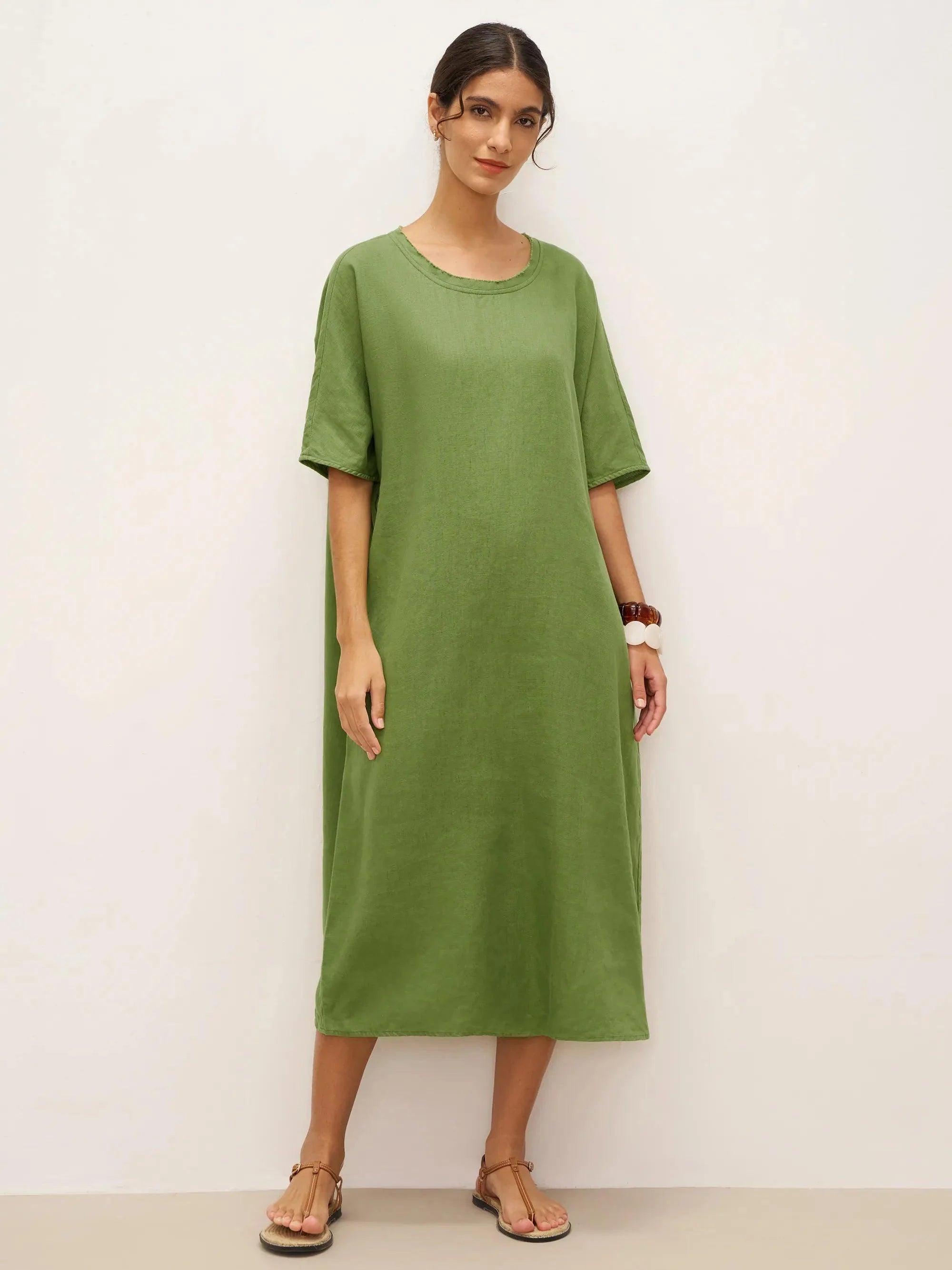 100% Linen Oversized O-Line Belted Midi Dress LORETTA—Multi-Way Wear - Sage Green / S - DRESSES-Linen