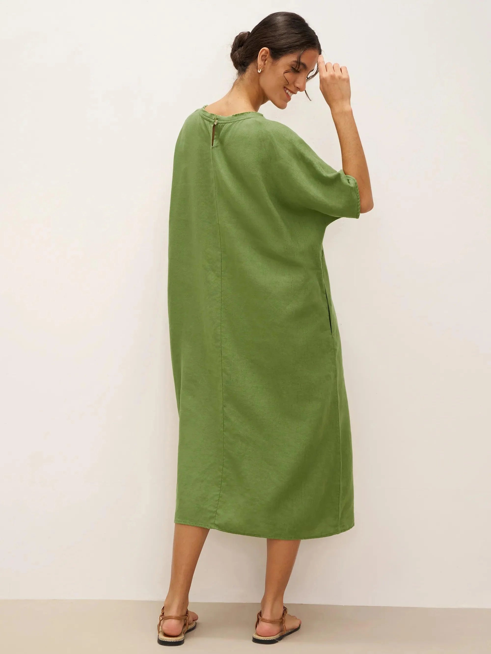 100% Linen Oversized O-Line Belted Midi Dress LORETTA—Multi-Way Wear - DRESSES-Linen