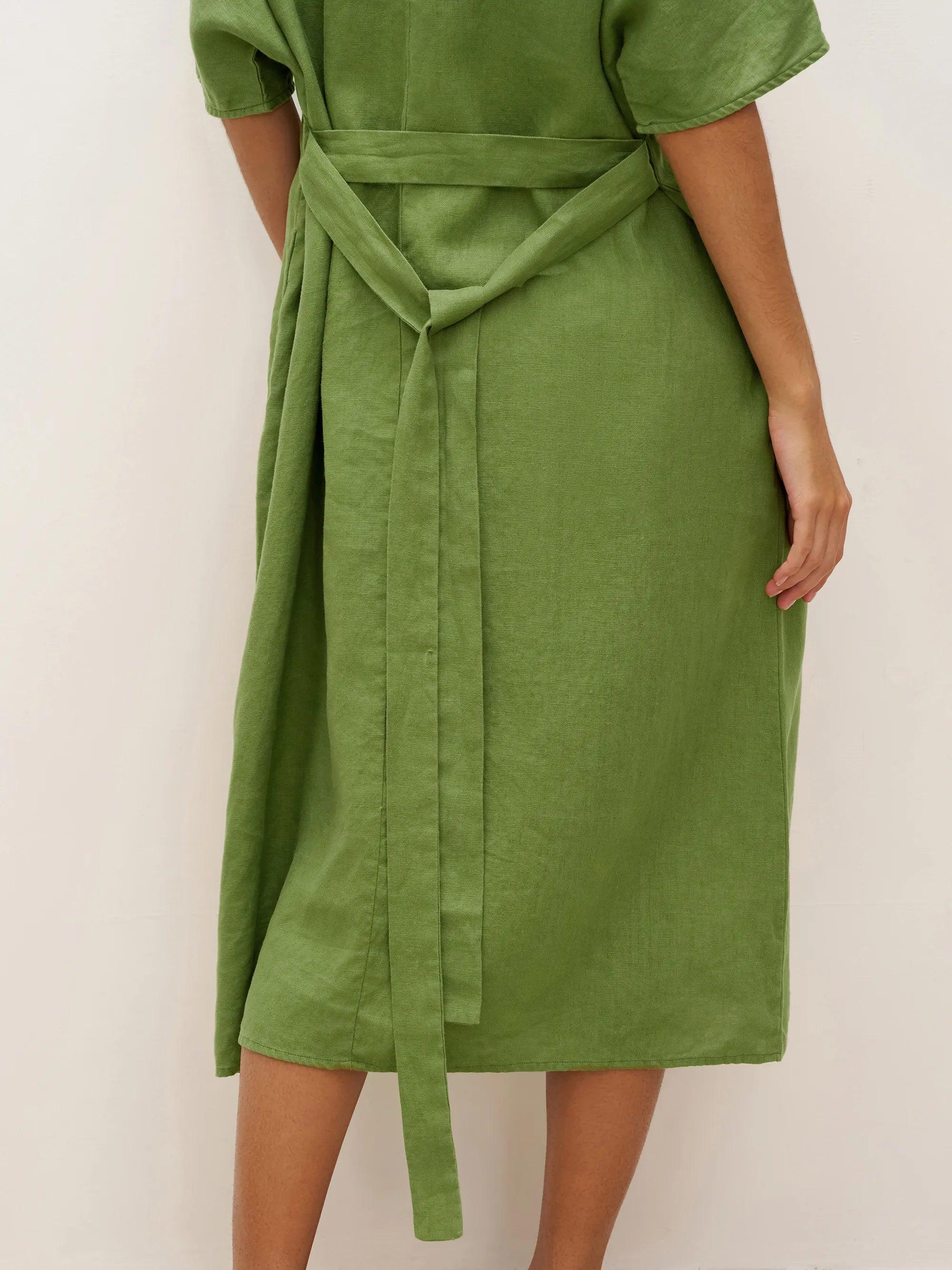 100% Linen Oversized O-Line Belted Midi Dress LORETTA—Multi-Way Wear - DRESSES-Linen