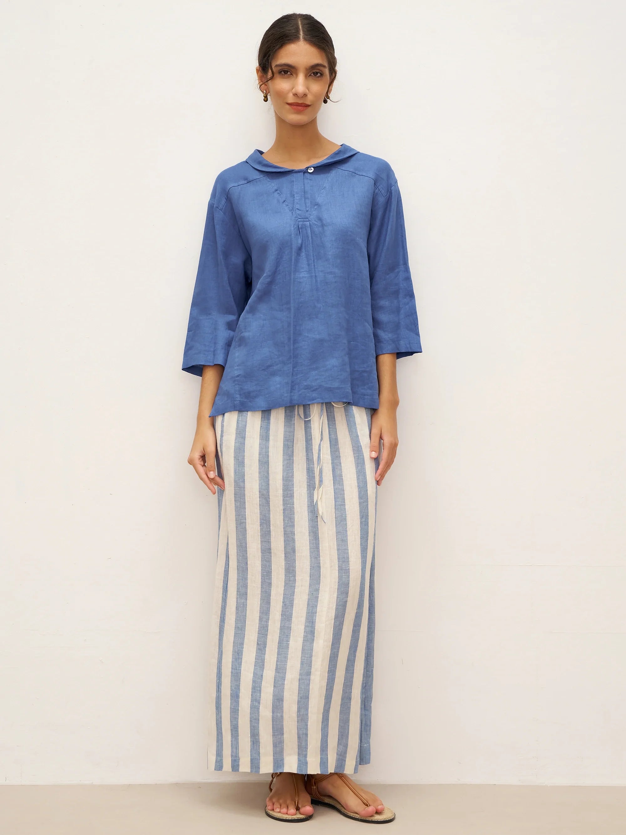 JADE 100% Linen Shawl V-Neck Half Sleeve Top - TOPS-Linen Blouses