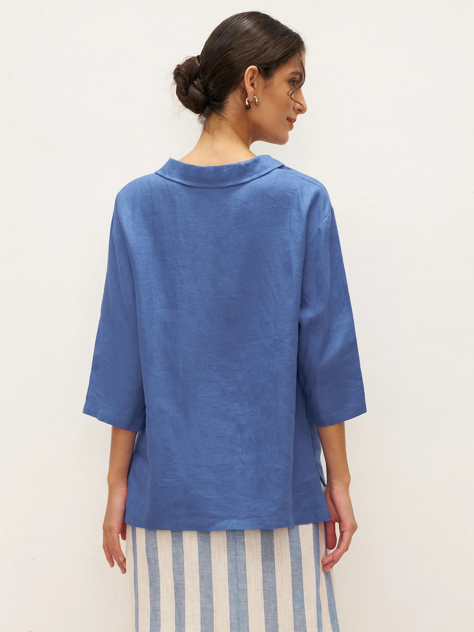 JADE 100% Linen Shawl V-Neck Half Sleeve Top - TOPS-Linen Blouses