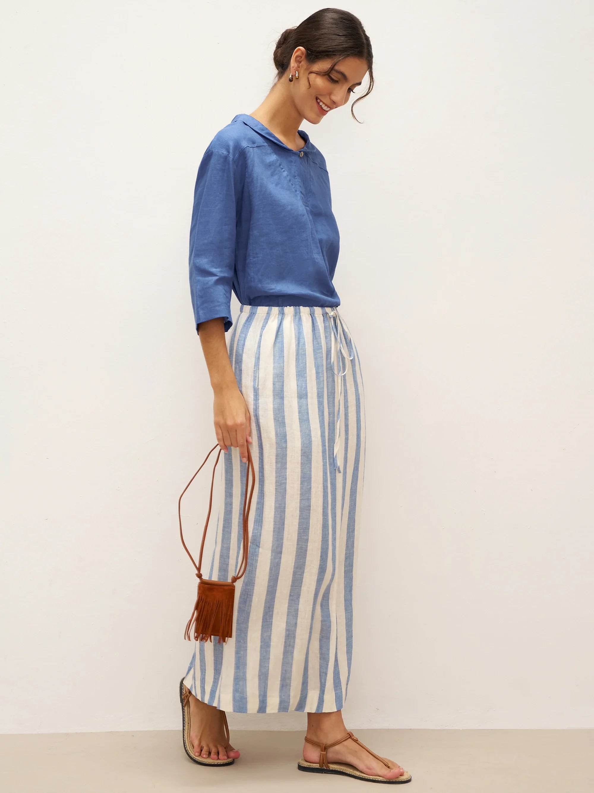 JADE 100% Linen Shawl V-Neck Half Sleeve Top - TOPS-Linen Blouses